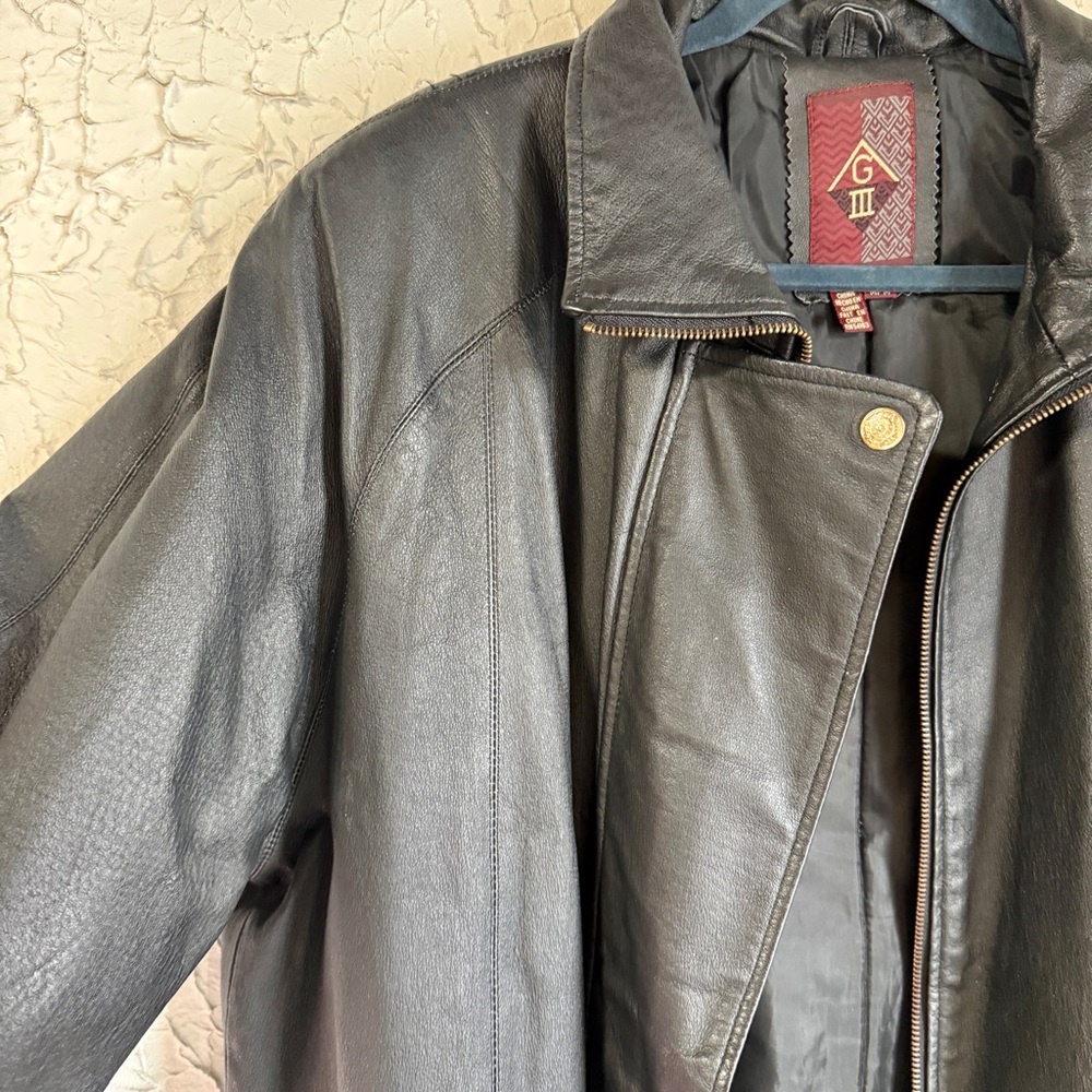 Vintage Black Leather Jacket with Gold Accents - Picture 3 of 11